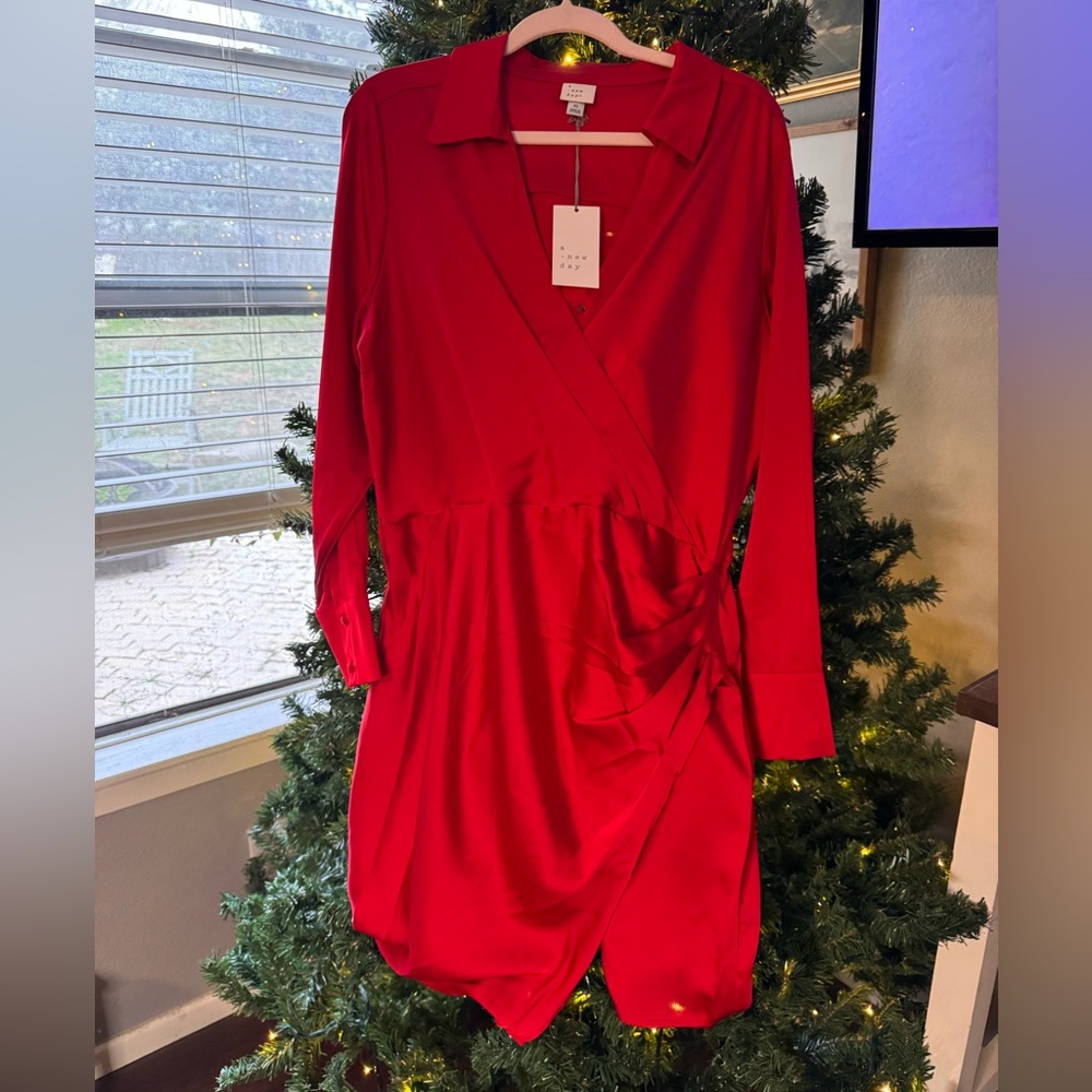 A New Day NWT red dress sz XL, wedding semi formal dress, mid calf long sleeve